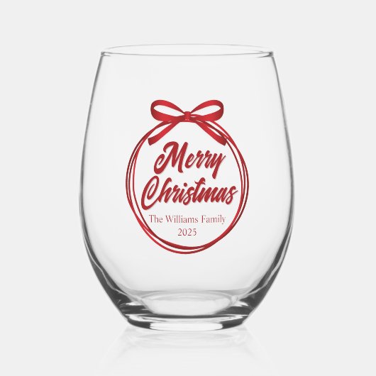 Chic Merry Christmas Red Ribbon Bow Custom Wijnglas Zonder Voet (Voorkant)