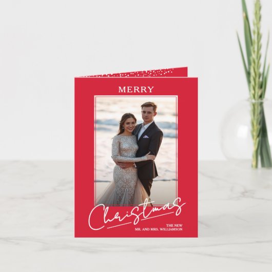Chic Merry Christmas Script on Red Folded Photo Feestdagen Kaart (Voorkant)