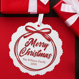 Chic Merry Christmas Script Red Ribbon Bow Custom Ornament Kaart