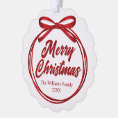 Chic Merry Christmas Script Red Ribbon Bow Custom Ornament Kaart (Links)