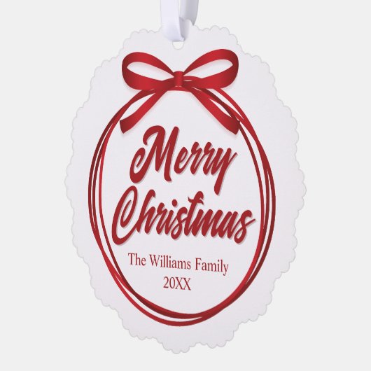 Chic Merry Christmas Script Red Ribbon Bow Custom Ornament Kaart (Links)