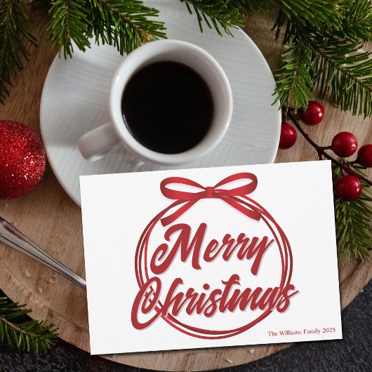 Chic Merry Christmas Script Red Ribbon Bow Feestdagenkaart