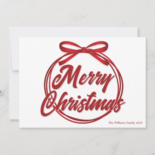 Chic Merry Christmas Script Red Ribbon Bow Feestdagenkaart (Voorkant)