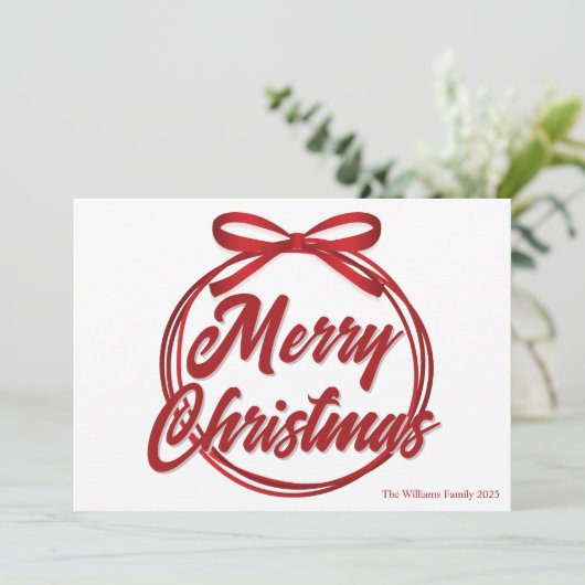 Chic Merry Christmas Script Red Ribbon Bow Feestdagenkaart (Staand voorkant)