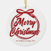 Chic Merry Christmas Script Red Ribbon Bow Keramisch Ornament (Voorkant)