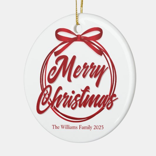 Chic Merry Christmas Script Red Ribbon Bow Keramisch Ornament (Links)