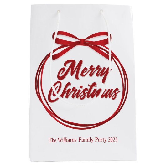 Chic Merry Christmas Script Red Ribbon Bow Medium Cadeauzakje (Voorkant)