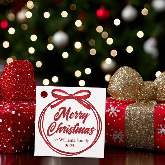 Chic Merry Christmas Script Red Ribbon Bow Party Bedankjes Labels