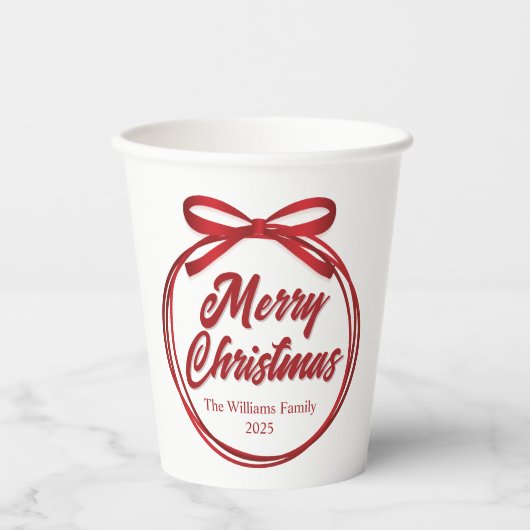 Chic Merry Christmas Script Red Ribbon Bow Party Papieren Bekers (Voorkant)