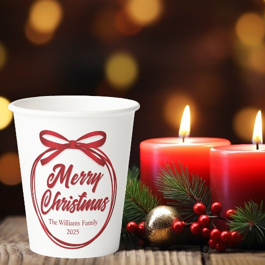 Chic Merry Christmas Script Red Ribbon Bow Party Papieren Bekers