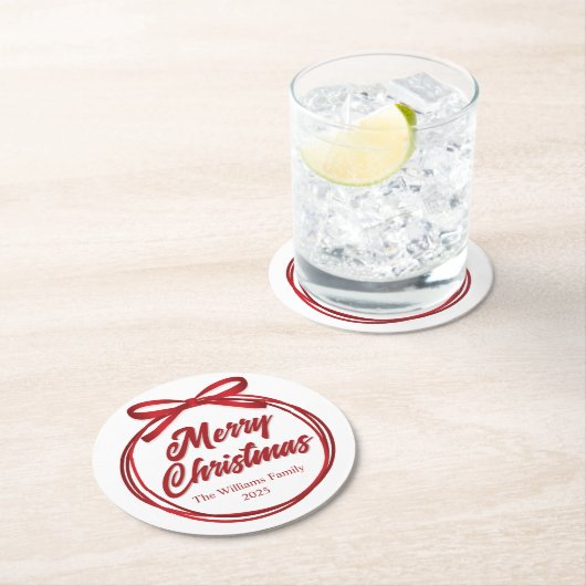 Chic Merry Christmas Script Red Ribbon Bow Party Ronde Kartonnen Onderzetter (Insitu)