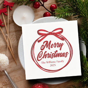 Chic Merry Christmas Script Red Ribbon Bow Party Servet