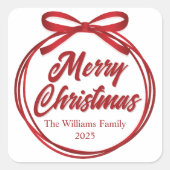 Chic Merry Christmas Script Red Ribbon Bow Vierkante Sticker (Voorkant)