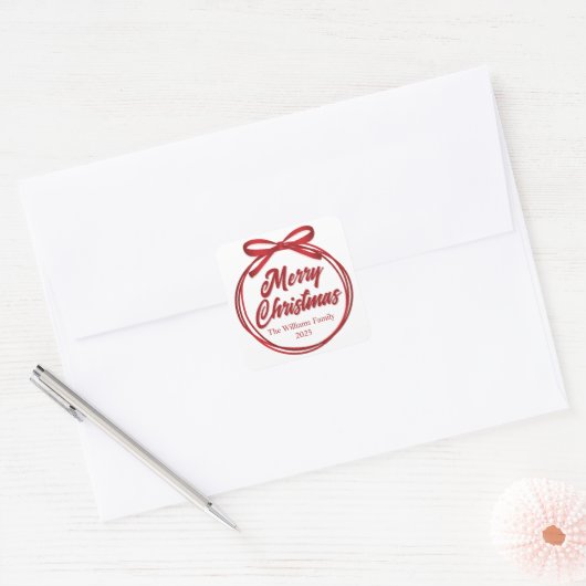 Chic Merry Christmas Script Red Ribbon Bow Vierkante Sticker (Envelop)