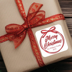 Chic Merry Christmas Script Red Ribbon Bow Vierkante Sticker