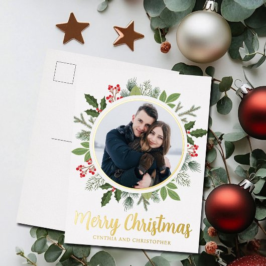 Chic Merry Christmas Wreath Foto Goud Folie Feestdagen Briefkaart