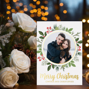Chic Merry Christmas Wreath Foto Goud Folie Feestdagenkaart