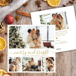 Chic Merry en Bright Gold Script 4 Fotocollage Feestdagenkaart<br><div class="desc">Elegante "Merry and Bright" Gold Script 4 Photo Collage Christmas Kaart. Deze stijlvolle, minimalistische vakantiekaart heeft vier foto's aan de voorzijde en één foto aan de achterzijde. De voorkant toont een grillige "Merry and Bright" begroeting in een elegant goud handgeschreven script op een schone witte achtergrond. De achterkant bevat een...</div>