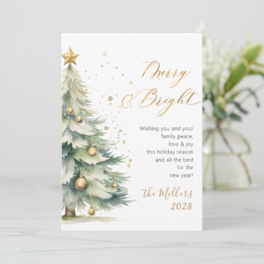 Chic Merry en Bright Gold Script Kerstboom Feestdagenkaart (Staand voorkant)