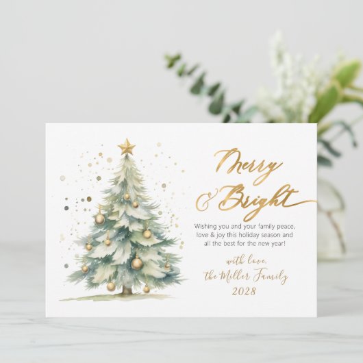Chic Merry en Bright Gold Script Kerstboom Feestdagenkaart (Staand voorkant)
