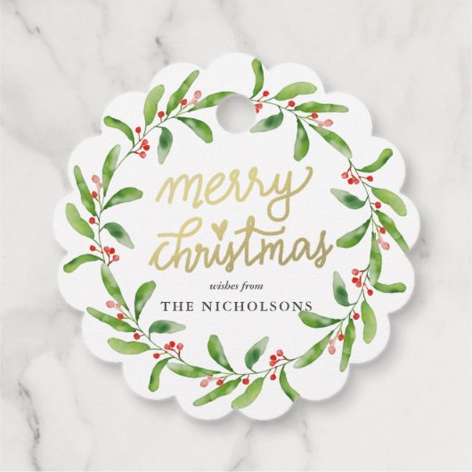 Chic Merry kerst Holly Wreath | Gold Script Bedankjes Labels (Achterkant)