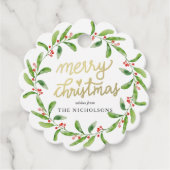 Chic Merry kerst Holly Wreath | Gold Script Bedankjes Labels (Voorkant)
