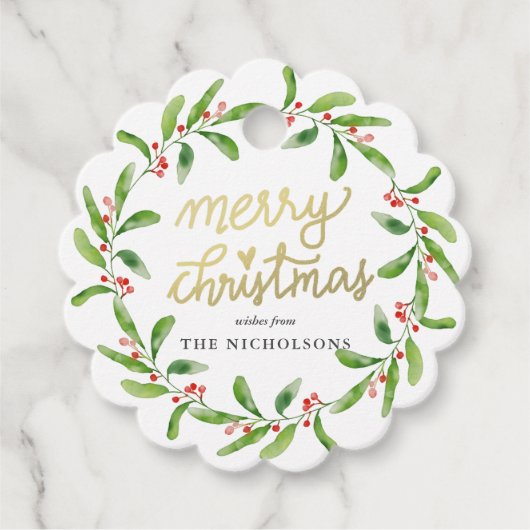 Chic Merry kerst Holly Wreath | Gold Script Bedankjes Labels (Voorkant)