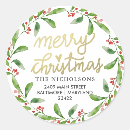 Chic Merry kerst Holly Wreath | Retouradres Ronde Sticker (Voorkant)