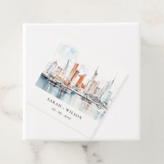 Chic Miami Florida Skyline Waterverf bruiloft Bedankjes Labels (In situ)