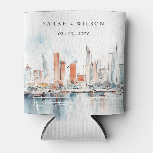 Chic Miami Florida Skyline Waterverf bruiloft Blikjeskoeler (Voorkant)