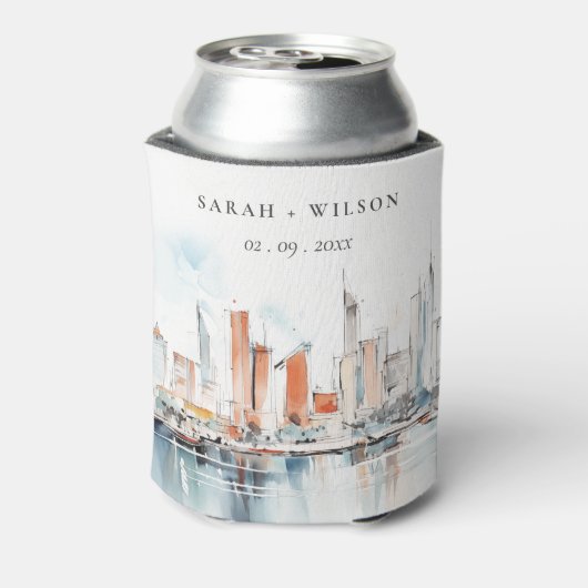 Chic Miami Florida Skyline Waterverf bruiloft Blikjeskoeler (Blikje Achterkant)