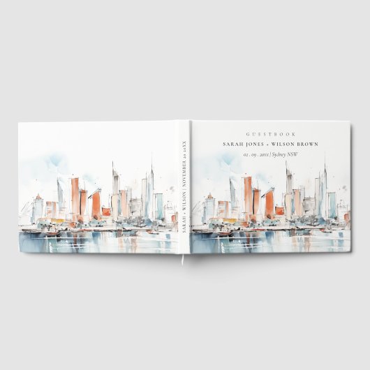 Chic Miami Florida Skyline Waterverf bruiloft Gastenboek (Volledig)