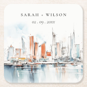 Chic Miami Florida Skyline Waterverf bruiloft Kartonnen Onderzetters