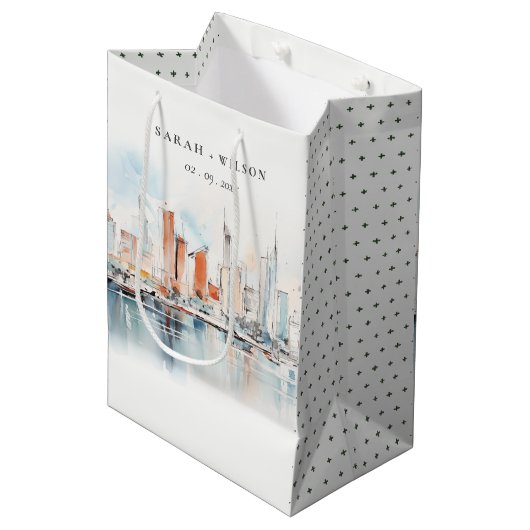 Chic Miami Florida Skyline Waterverf bruiloft Medium Cadeauzakje (Voorkant Gekanteld)