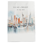 Chic Miami Florida Skyline Waterverf bruiloft Medium Cadeauzakje (Achterkant)