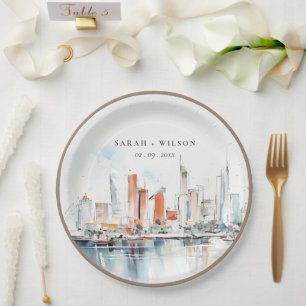 Chic Miami Florida Skyline Waterverf bruiloft Papieren Bordje