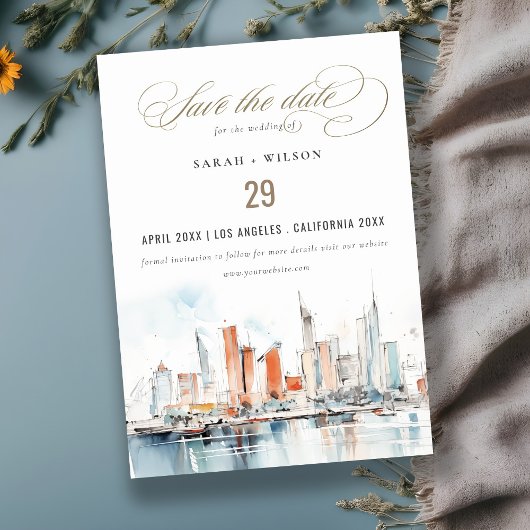 Chic Miami Florida Skyline Waterverf bruiloft Save The Date