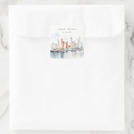 Chic Miami Florida Skyline Waterverf bruiloft Vierkante Sticker (Tas)