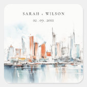 Chic Miami Florida Skyline Waterverf bruiloft Vierkante Sticker (Voorkant)