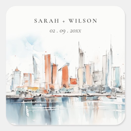 Chic Miami Florida Skyline Waterverf bruiloft Vierkante Sticker (Voorkant)