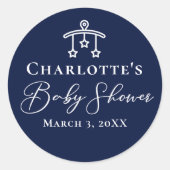 Chic Midnight Blue Baby shower gepersonaliseerd Ronde Sticker (Voorkant)