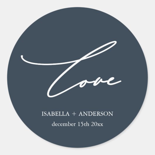 Chic Midnight Blue Love Script met Name Wedding Ronde Sticker (Voorkant)
