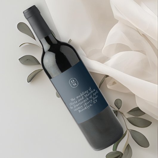 Chic Midnight Blue Monogram Wedding Wijn Etiket
