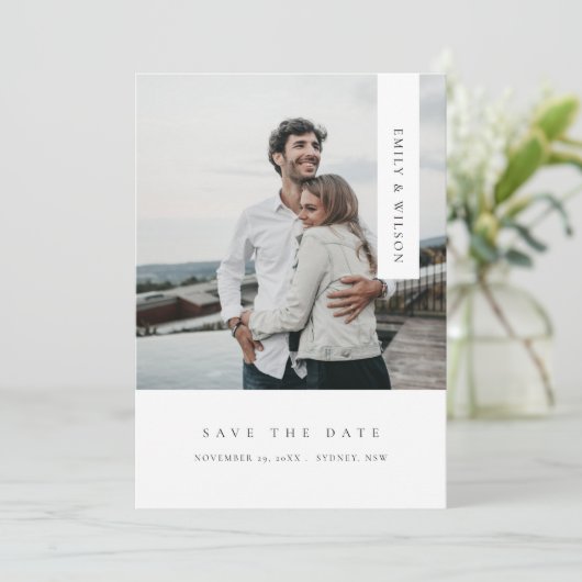 CHIC MINIMAAL CLEAN AANGEPASTE FOTO BESPAAR DE DAT BEDANKKAART (Staand voorkant)