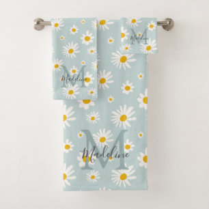 Chic Minimaal Madeliefje Turquoise Script Monogram Bad Handdoek