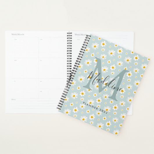 Chic Minimaal Madeliefje Turquoise Script Monogram Planner (Display)