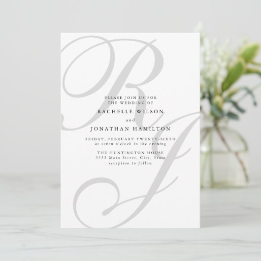 Chic Minimal Black White Monogram Wedding Kaart (Staand voorkant)