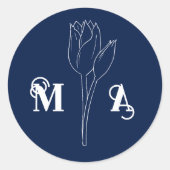 Chic Minimal Midnight Blue Floral Initialen Ronde Sticker (Voorkant)