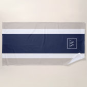 Chic Minimal Navy Blauw Grijs Witte Strepen Monogr Strandlaken (Voorkant)