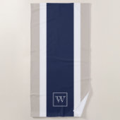 Chic Minimal Navy Blauw Grijs Witte Strepen Monogr Strandlaken (Voorkant)